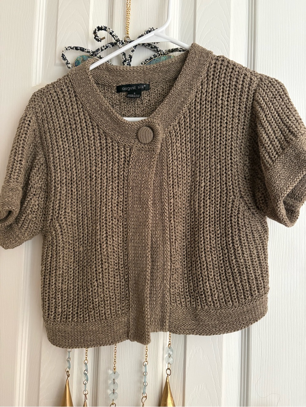 august silk Short-Sleeve Knit Cardigan in Taupe Brown